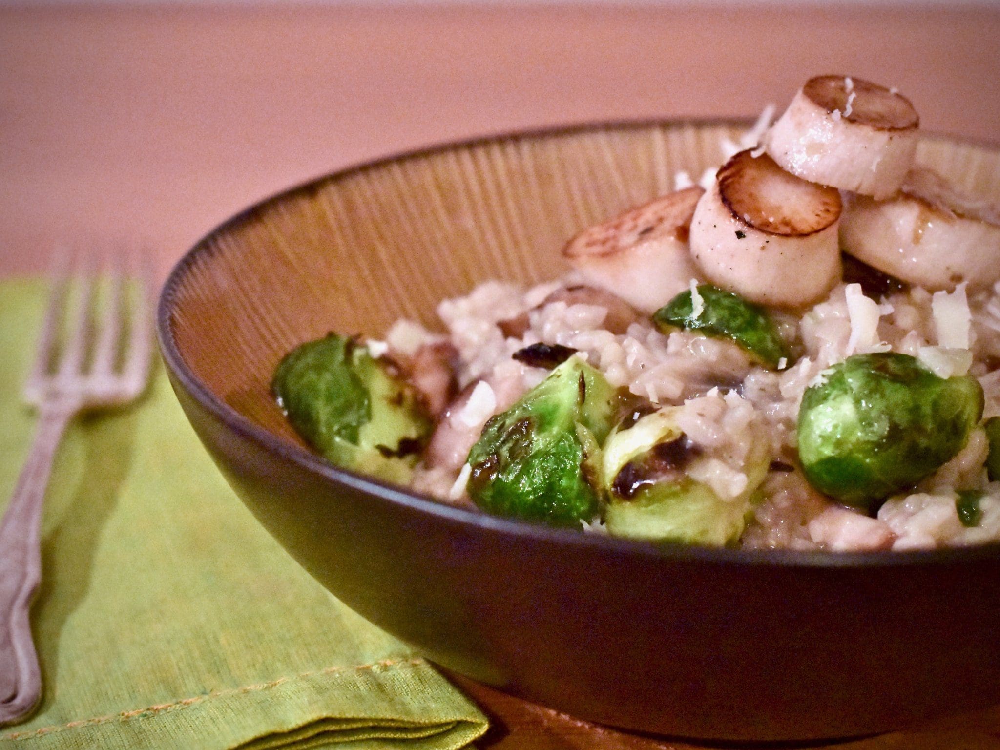 Shiitake Risotto, Charred Brussels Sprouts, and King Oyster Scallops