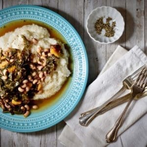 smoky collards, black-eyed peas, and garlicky grits