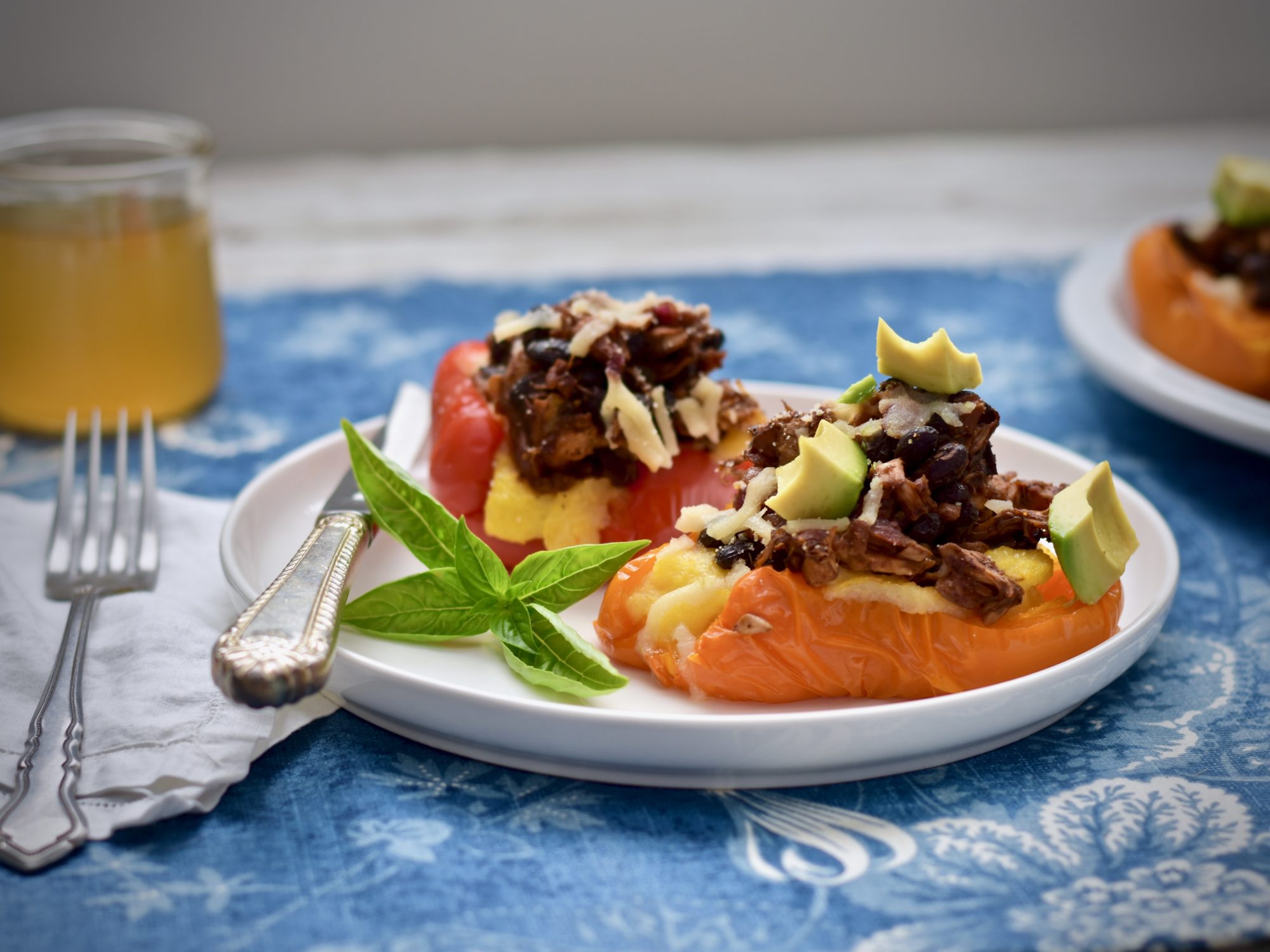 BBQ jackfruit and polenta stuffed peppers