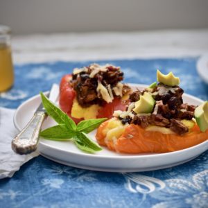 BBQ jackfruit and polenta stuffed peppers